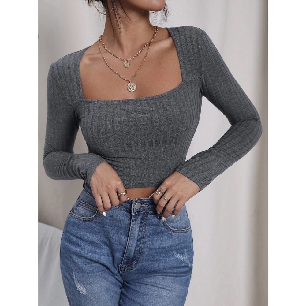 Square Neck Ribbed Knit Crop Tee long sleeve minimalist y2k black - Picture 6 of 6